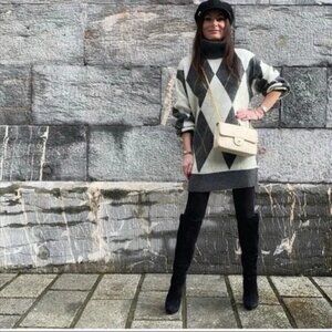 Pringle of Scotland/ H&M Argyle Knit Turtleneck Sweater Dress Wool Blend